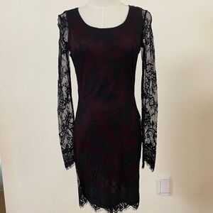 *** New David Bitton Buffalo~ Elegant Crimson and Black Lace Long Sleeve Dress